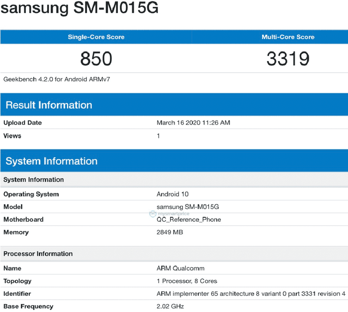 Thông tin về Galaxy M01 trên Geekbech