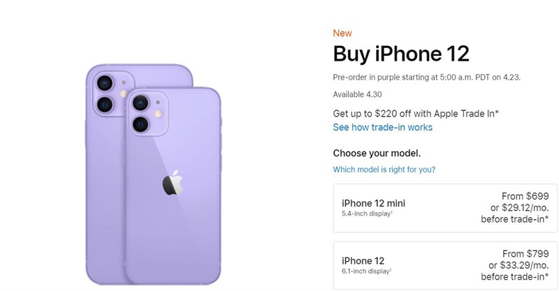 Giá bán iPhone 12 và iPhone 12 mini khi đặt hàng trên trang web